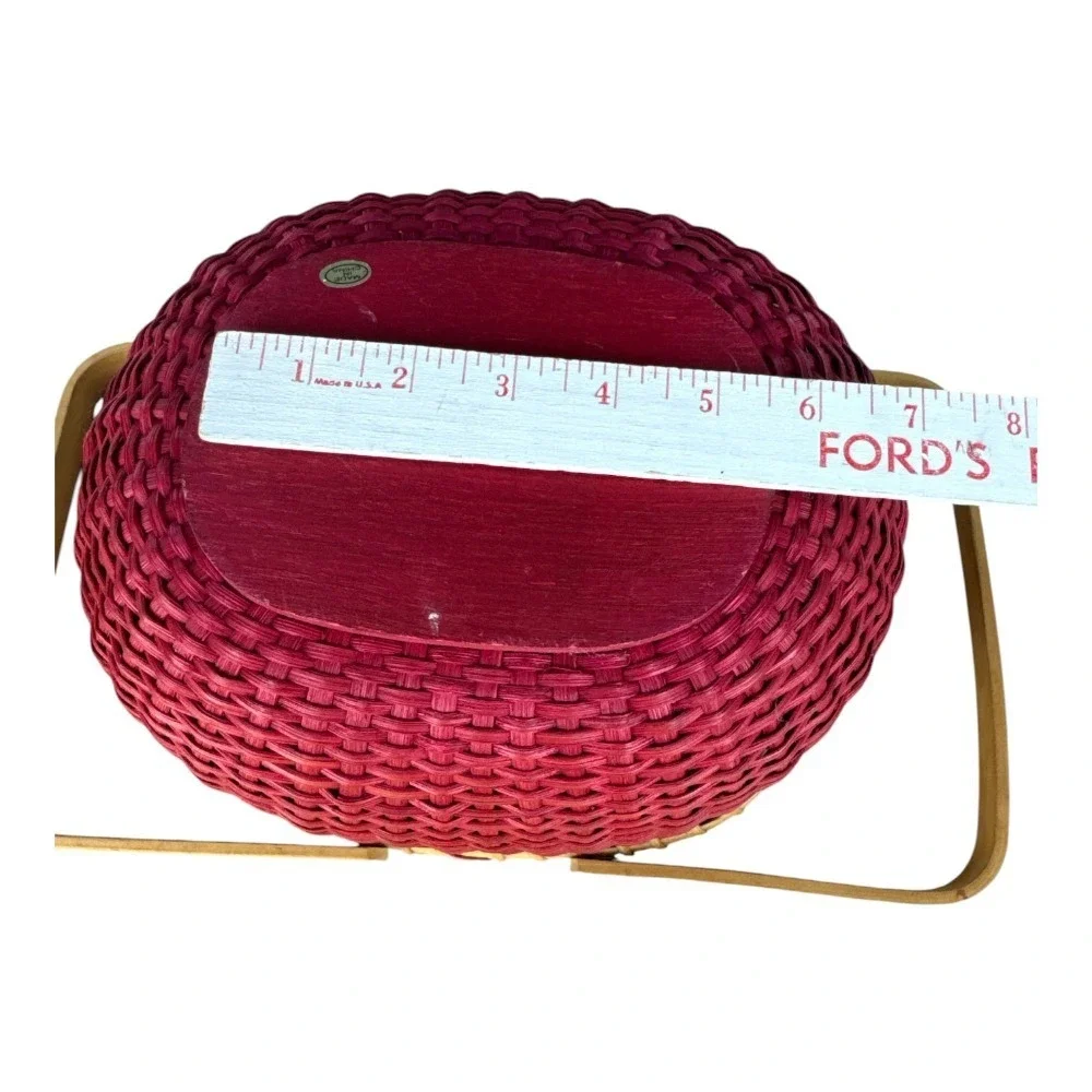 Red Woven Oval Basket with Double Wood Swing Handles Rustic Home Decor Primitive